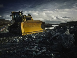 Bulldozer and rocks by road works, Isle of Harris